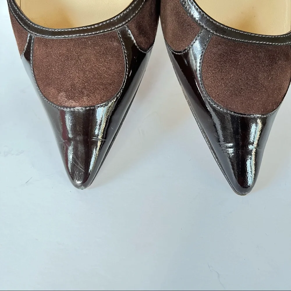 Jimmy Choo brown suede patent leather kitten heels 37.5